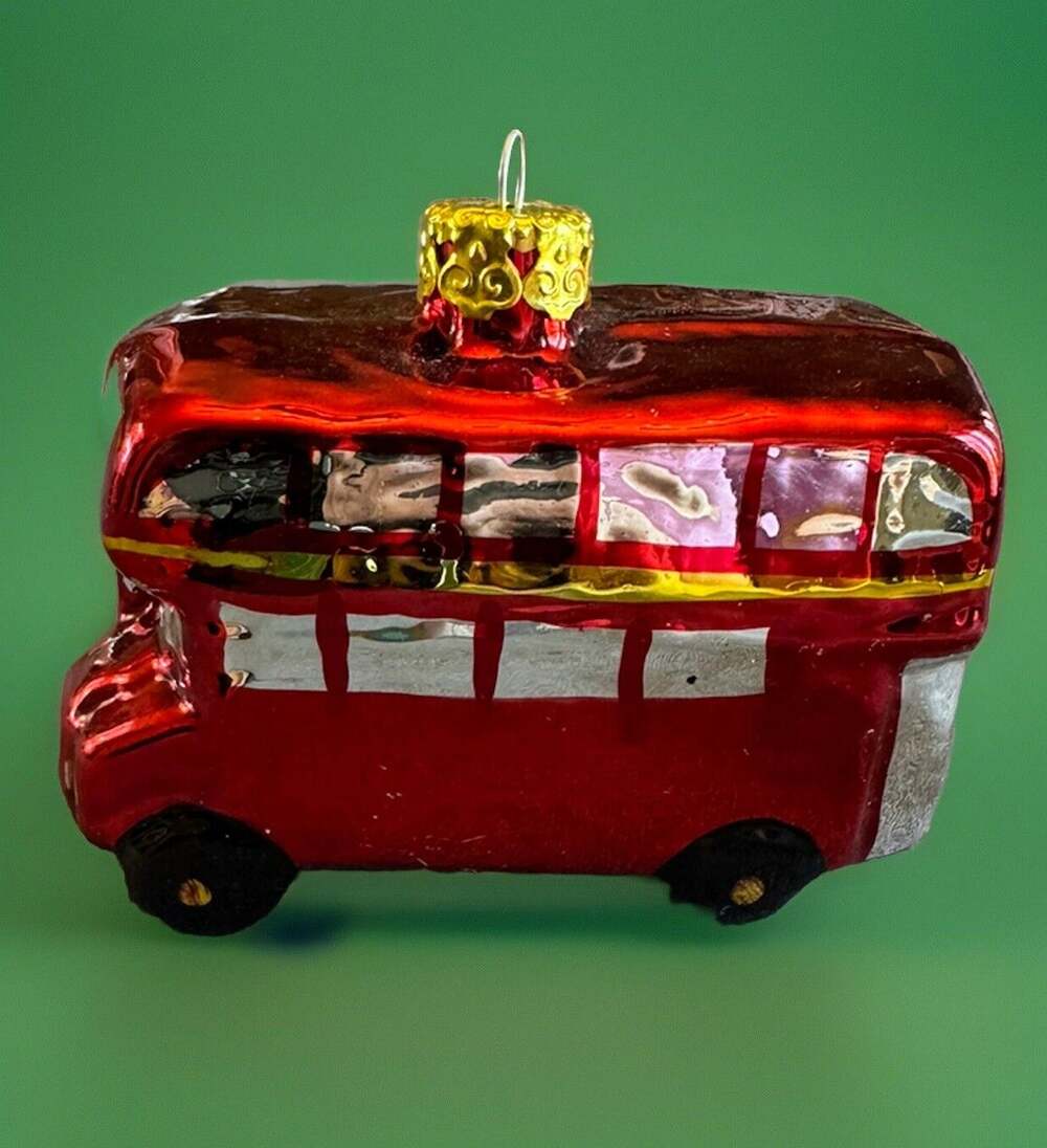 Vintage Blown Glass Red Double Decker Bus Christmas Ornament Roadmasters 4 EUC